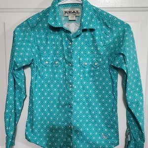 Girls Ariat Real Western Button Down LS Shirt, EUC, Size L(12) Pearl Snaps